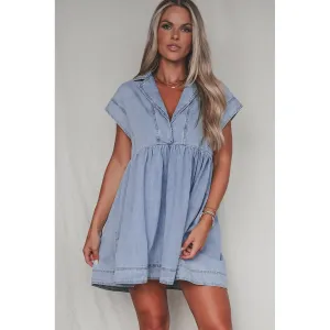 Beau Blue Lapel Neck Cap Sleeve High Waist Denim Babydoll Dress