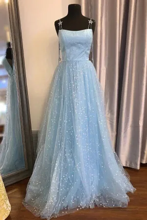 Beautiful Light Blue A-line Spaghetti Straps Prom Dresses With Stars, MP823