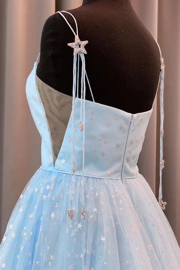 Beautiful Light Blue A-line Spaghetti Straps Prom Dresses With Stars, MP823