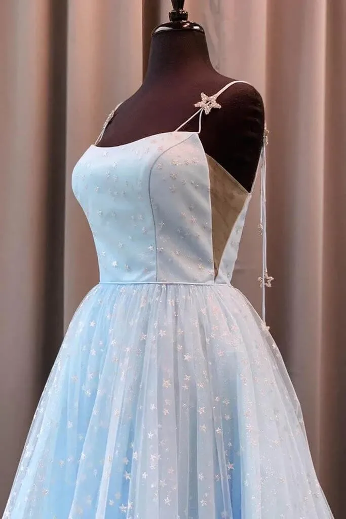 Beautiful Light Blue A-line Spaghetti Straps Prom Dresses With Stars, MP823
