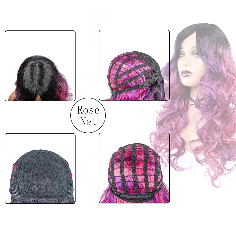 Beautiful Unique Natural Looking | Magenta Purple Pink Mixed Ombre | Hand Dyed 26" | Human Hair Look and Feel Trendy Wig | Non  Lace Wig