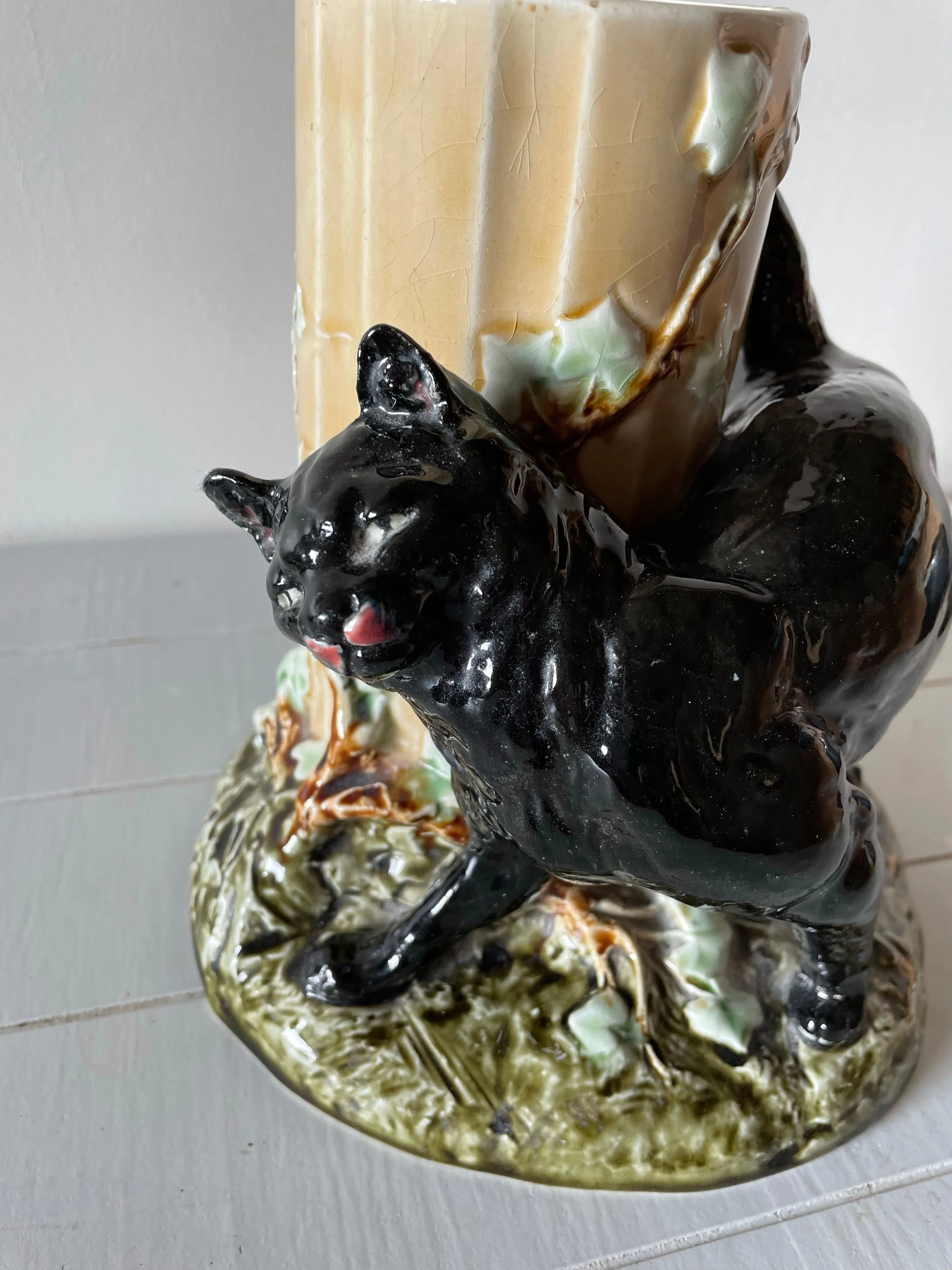 Beaux Arts French Faience Vase with Black Cat