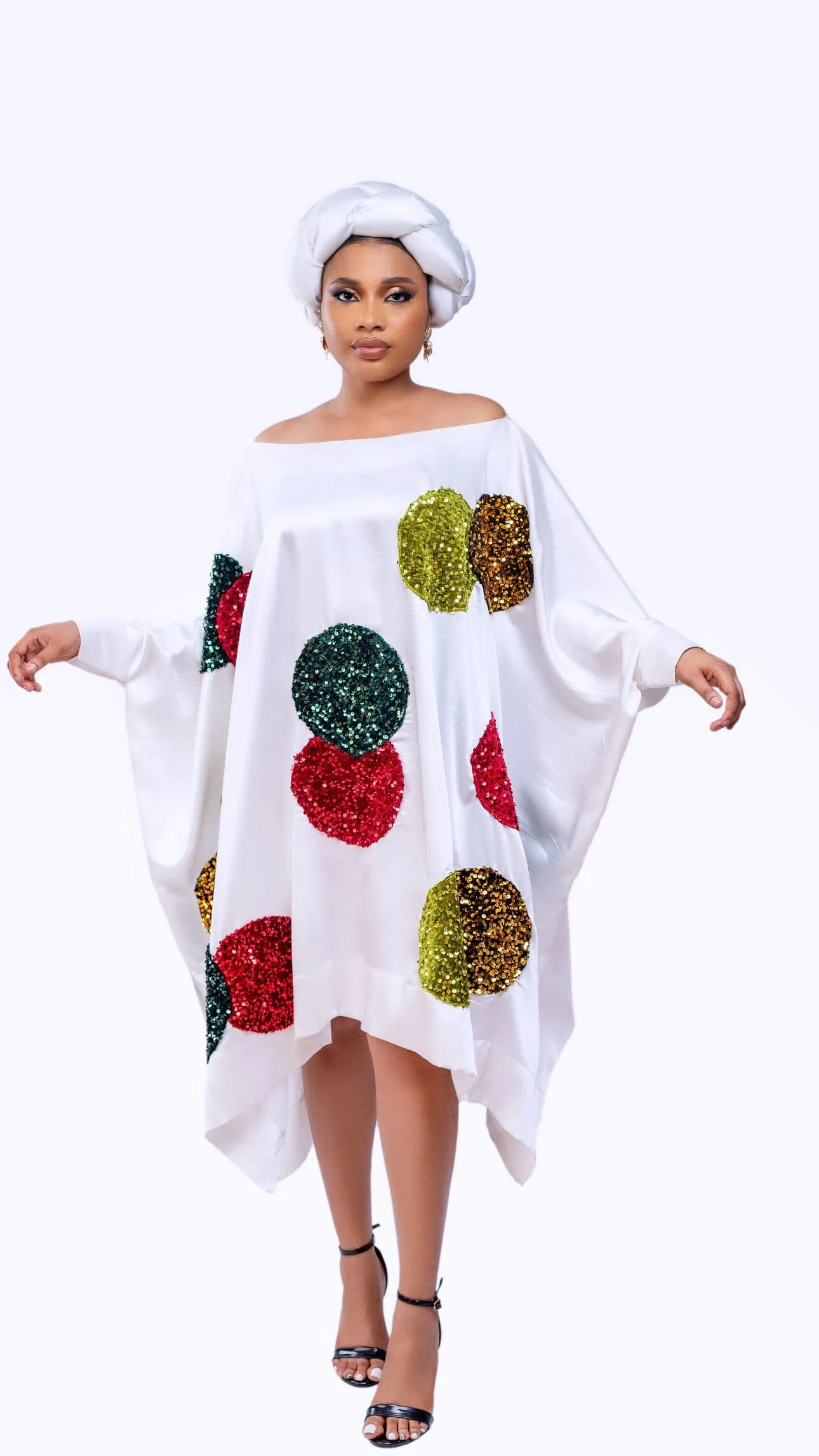 Bella white short boubou dress with multicolored sequin circle and asymmetrical sides