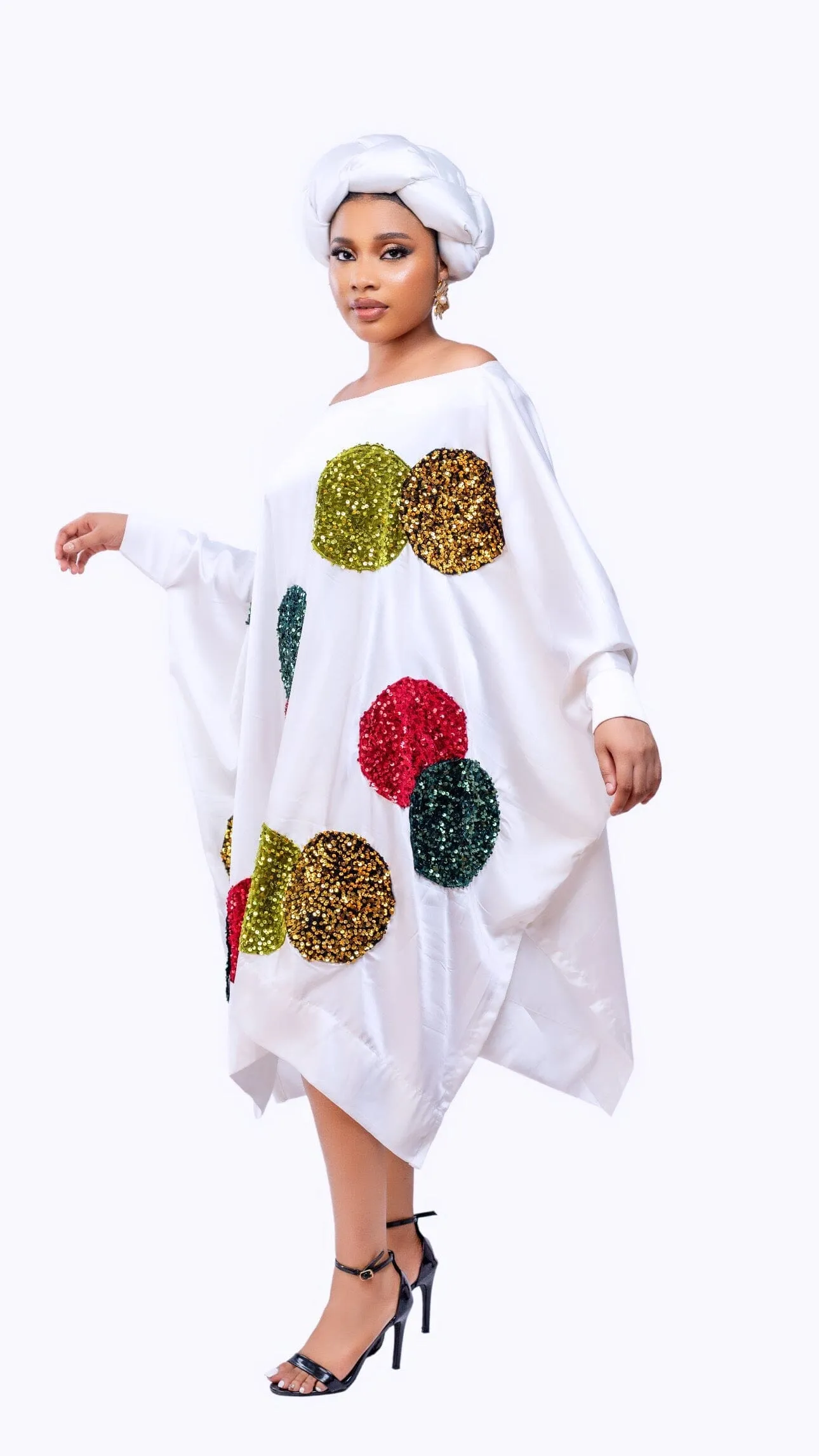 Bella white short boubou dress with multicolored sequin circle and asymmetrical sides