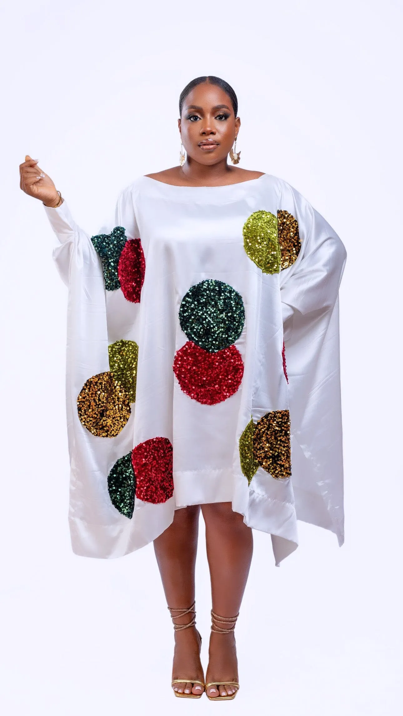 Bella white short boubou dress with multicolored sequin circle and asymmetrical sides