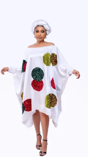 Bella white short boubou dress with multicolored sequin circle and asymmetrical sides