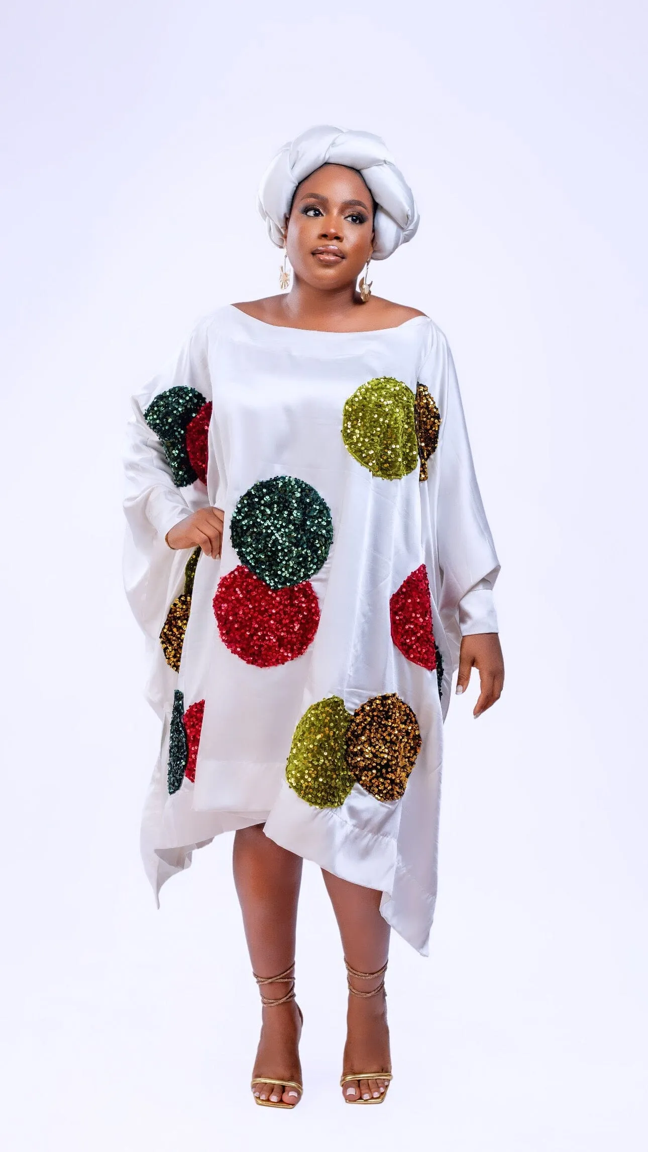 Bella white short boubou dress with multicolored sequin circle and asymmetrical sides