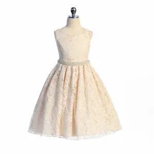 Belle of the Ball Dress - Champagne Full Lace Pearl Sash