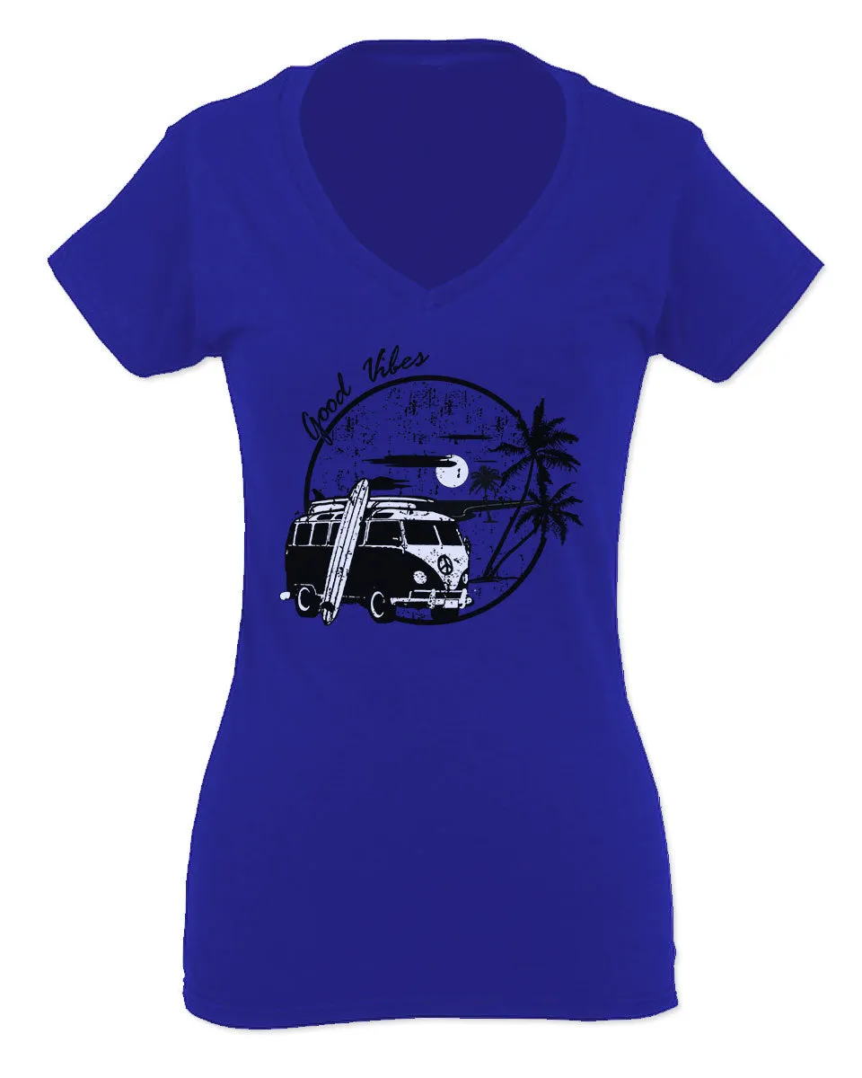Big Cool Hipster Good Vibes Vintage Graphic surf Beach Print Summer For Women V neck fitted T Shirt