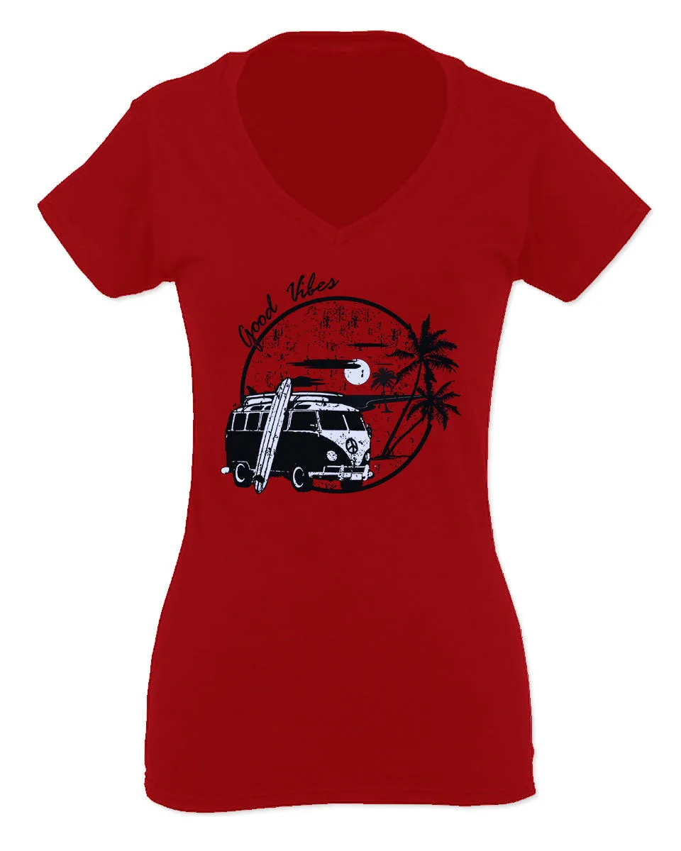 Big Cool Hipster Good Vibes Vintage Graphic surf Beach Print Summer For Women V neck fitted T Shirt