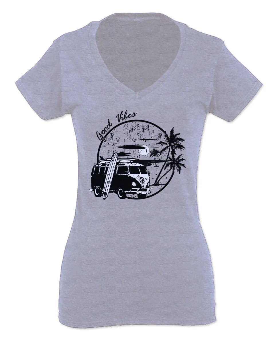 Big Cool Hipster Good Vibes Vintage Graphic surf Beach Print Summer For Women V neck fitted T Shirt