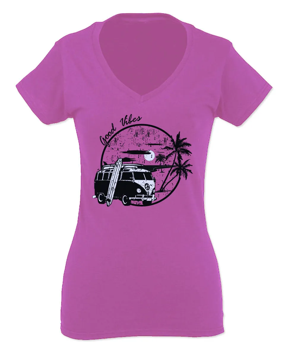 Big Cool Hipster Good Vibes Vintage Graphic surf Beach Print Summer For Women V neck fitted T Shirt