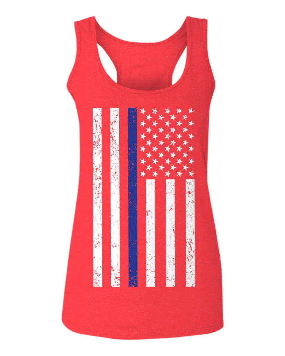 Big Flag USA American Police Support Blue Lives Matter Thin Line  women's Tank Top sleeveless Racerback