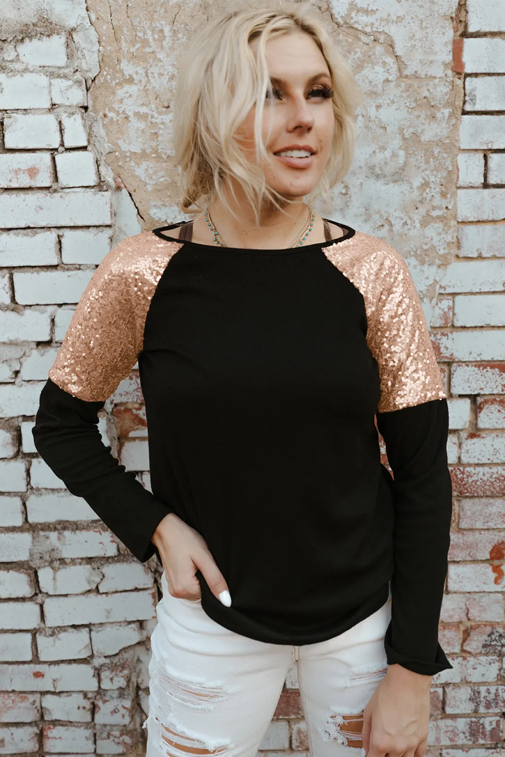 Black Sequin Shoulder Long Sleeve Top