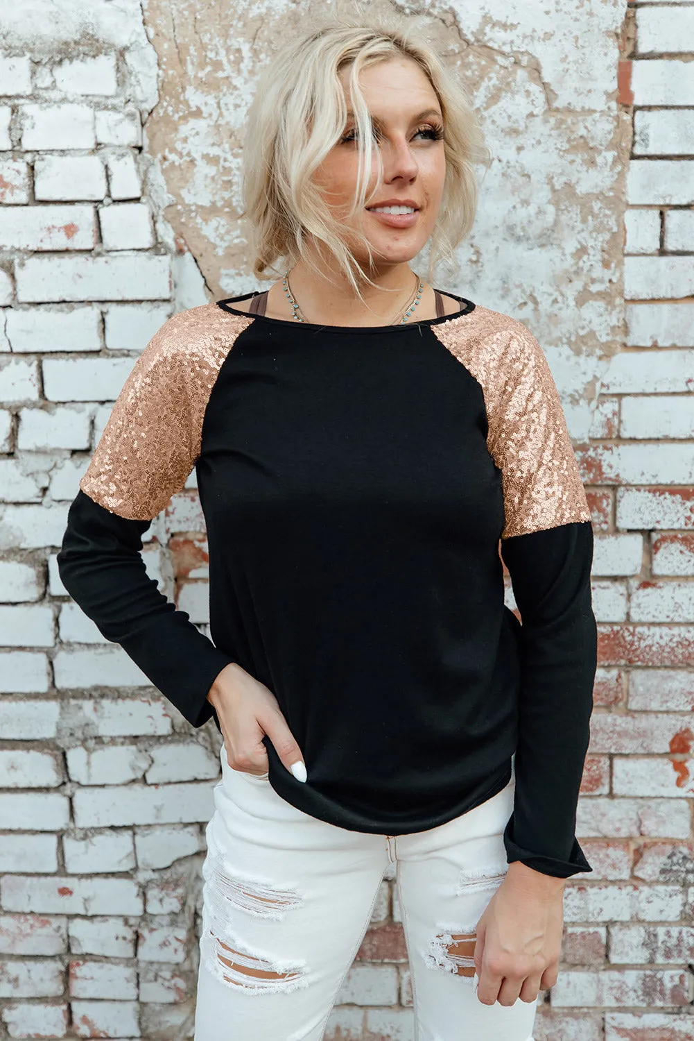 Black Sequin Shoulder Long Sleeve Top