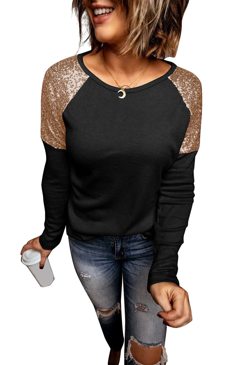 Black Sequin Shoulder Long Sleeve Top