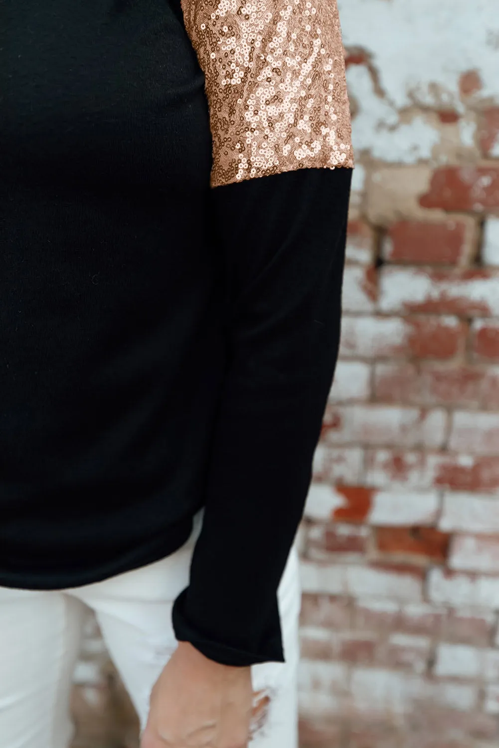 Black Sequin Shoulder Long Sleeve Top