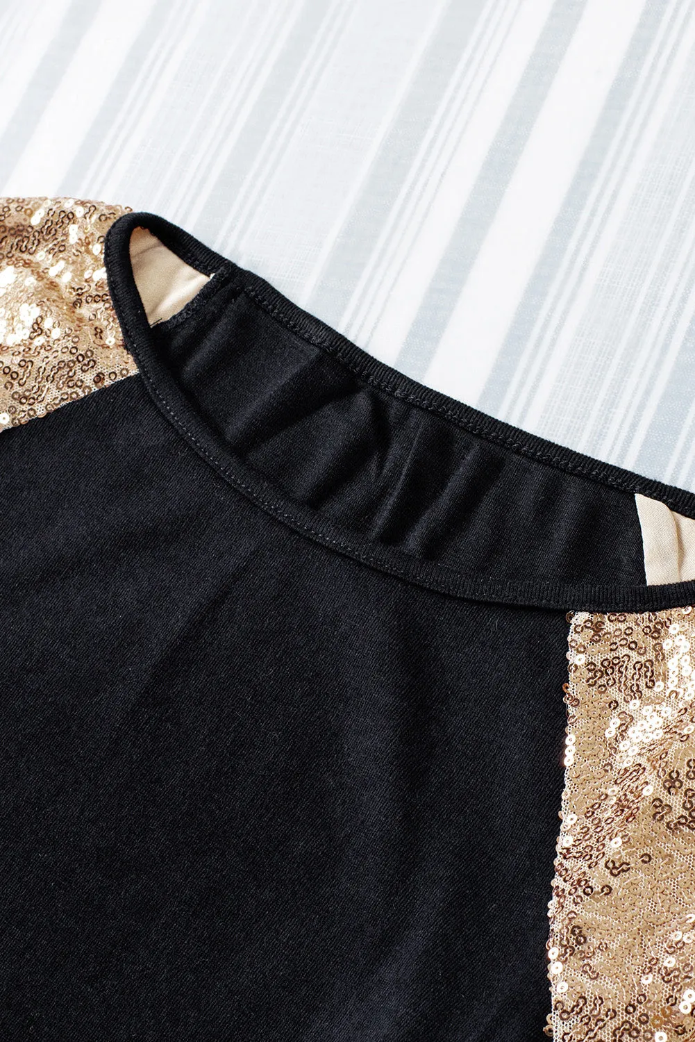 Black Sequin Shoulder Long Sleeve Top