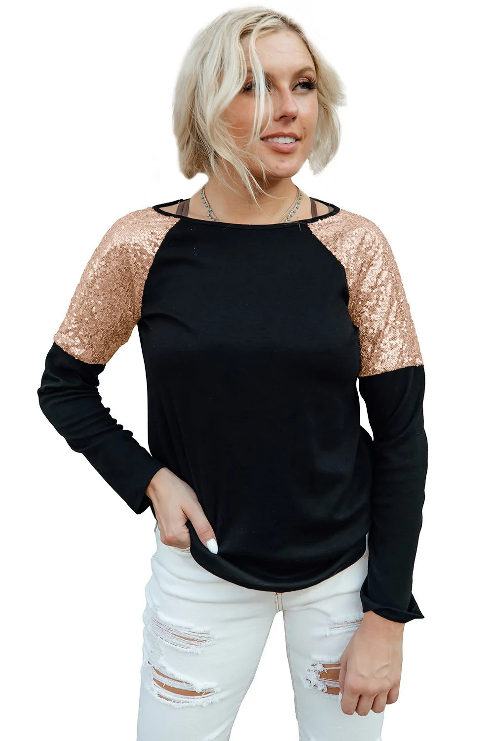 Black Sequin Shoulder Long Sleeve Top