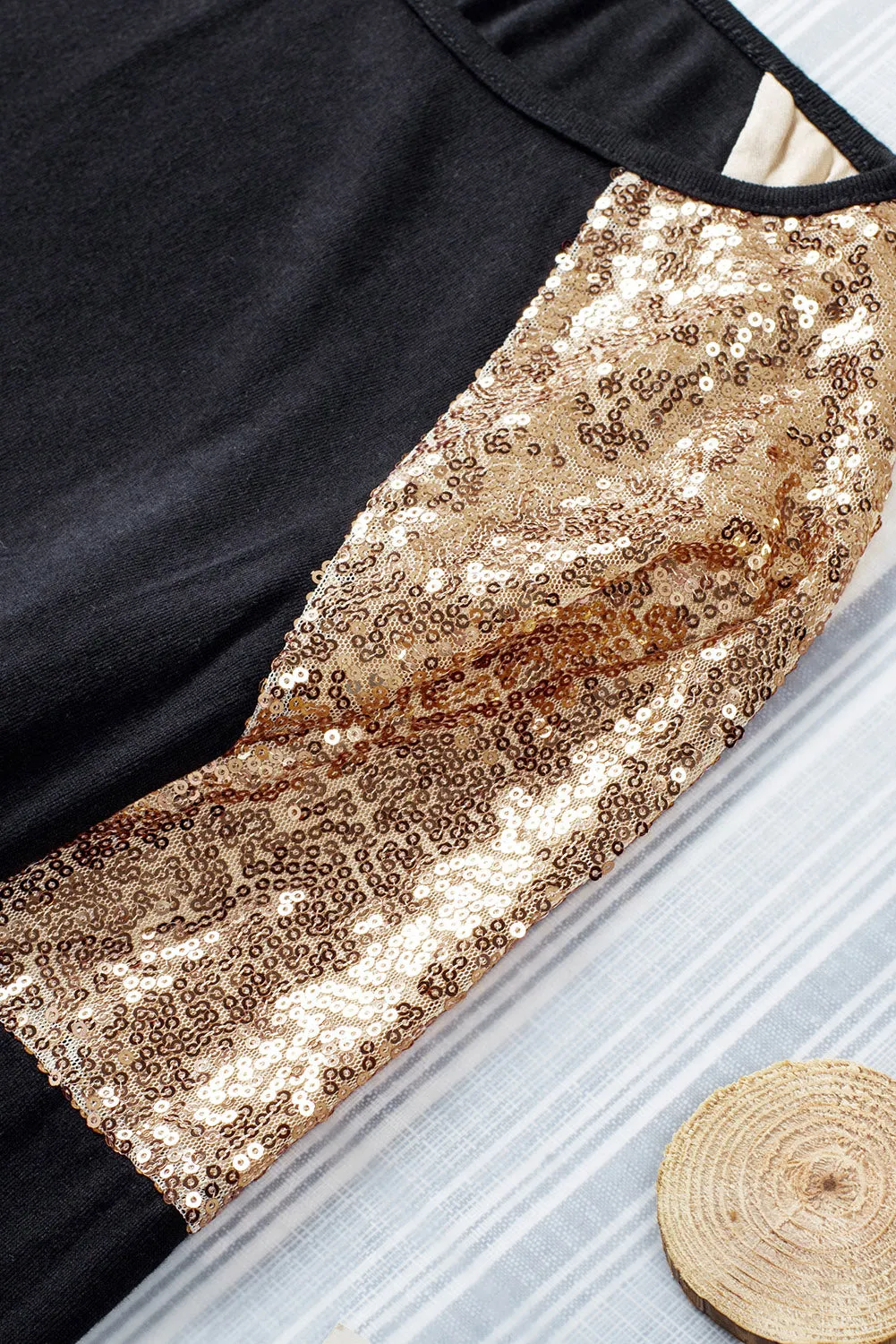 Black Sequin Shoulder Long Sleeve Top