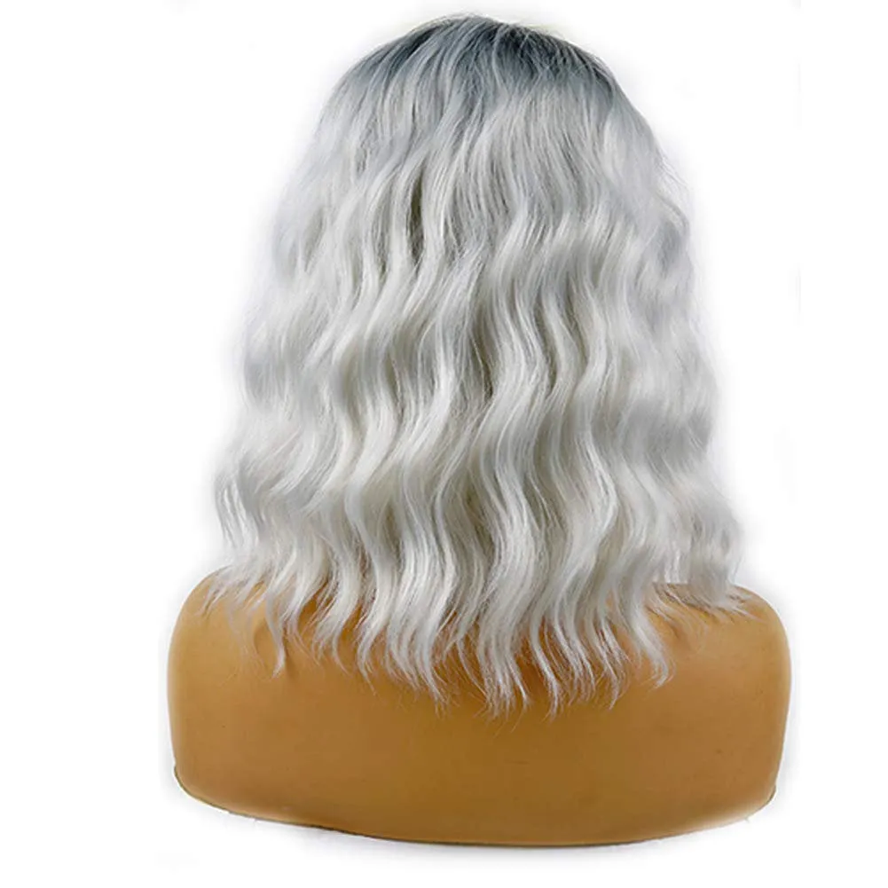 Black Silver Gray Ombre Wavy Shoulder Length 14" Wig Middle Parting FAUX Human Hair Synthetic Hair Heat Friendly Fiber Wig Cap Included