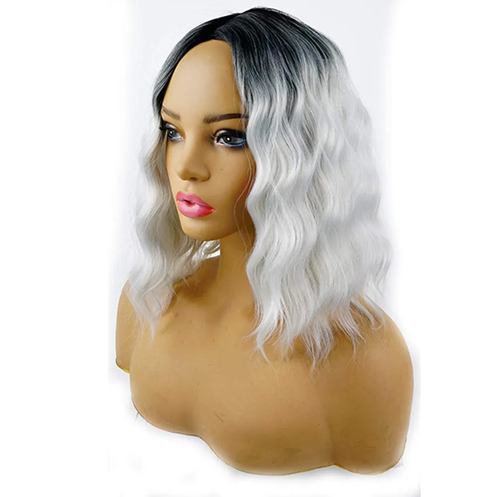 Black Silver Gray Ombre Wavy Shoulder Length 14" Wig Middle Parting FAUX Human Hair Synthetic Hair Heat Friendly Fiber Wig Cap Included