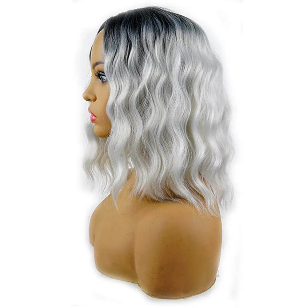 Black Silver Gray Ombre Wavy Shoulder Length 14" Wig Middle Parting FAUX Human Hair Synthetic Hair Heat Friendly Fiber Wig Cap Included