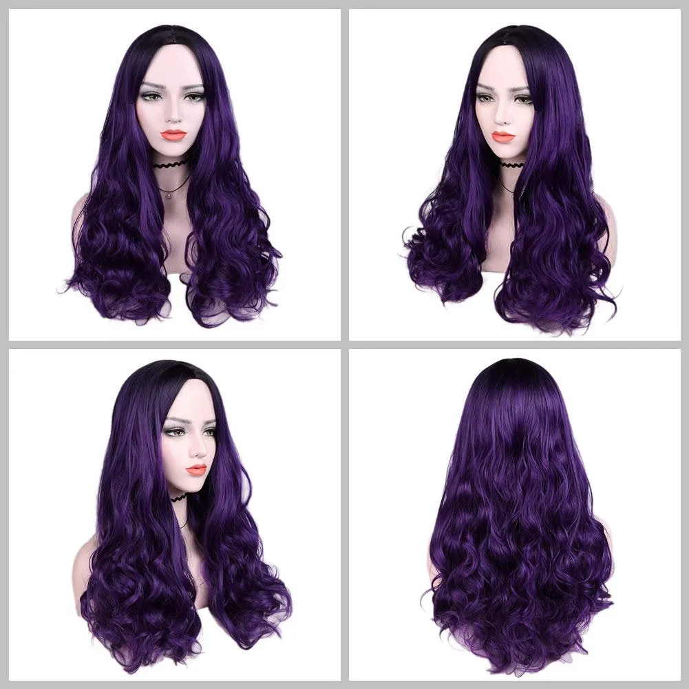 Black to Violet Purple Ombre Middle Parting Long Natural Curly Human Hair Look and Feel Heat Friendly Non Shedding Top Quality Synthetic Wig