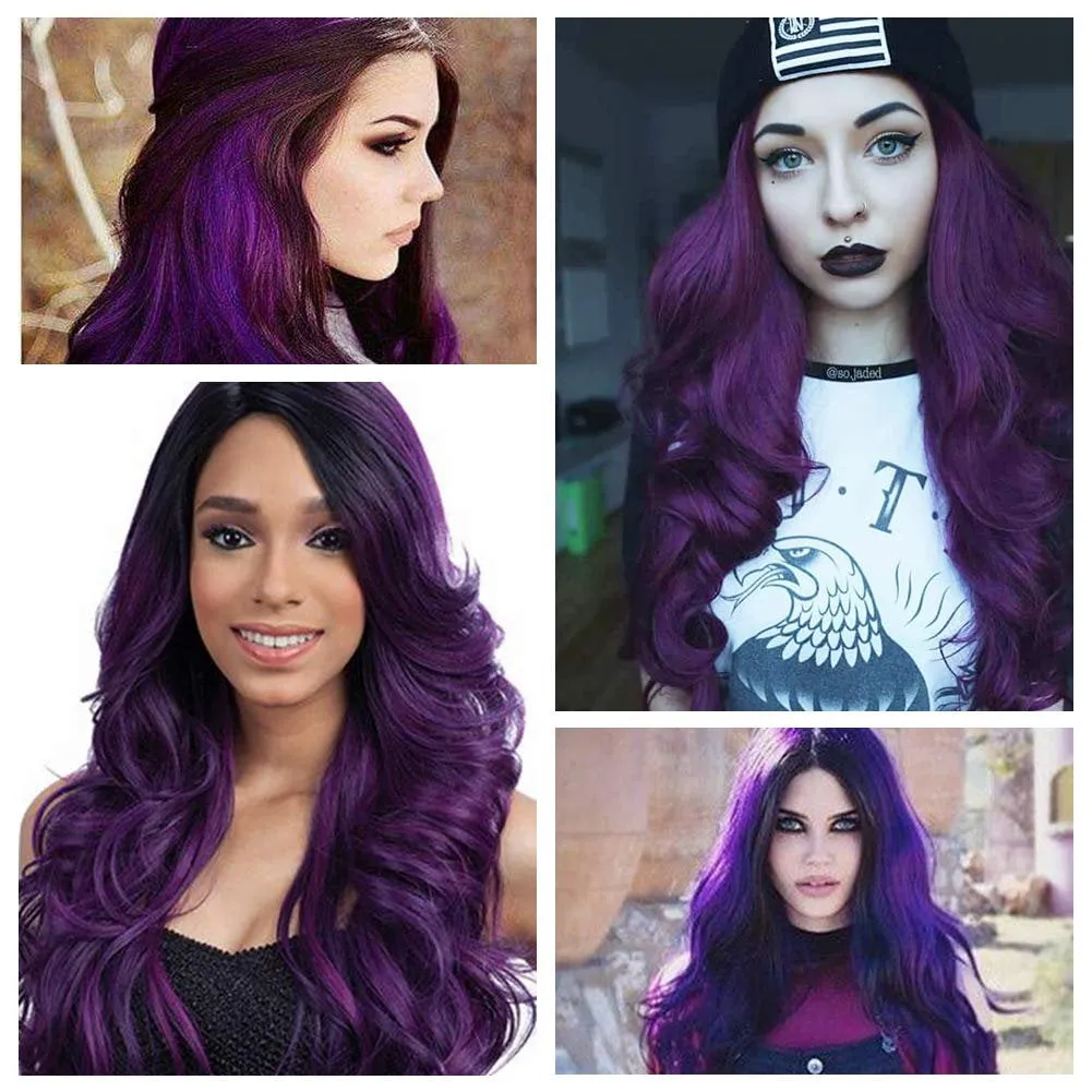 Black to Violet Purple Ombre Middle Parting Long Natural Curly Human Hair Look and Feel Heat Friendly Non Shedding Top Quality Synthetic Wig