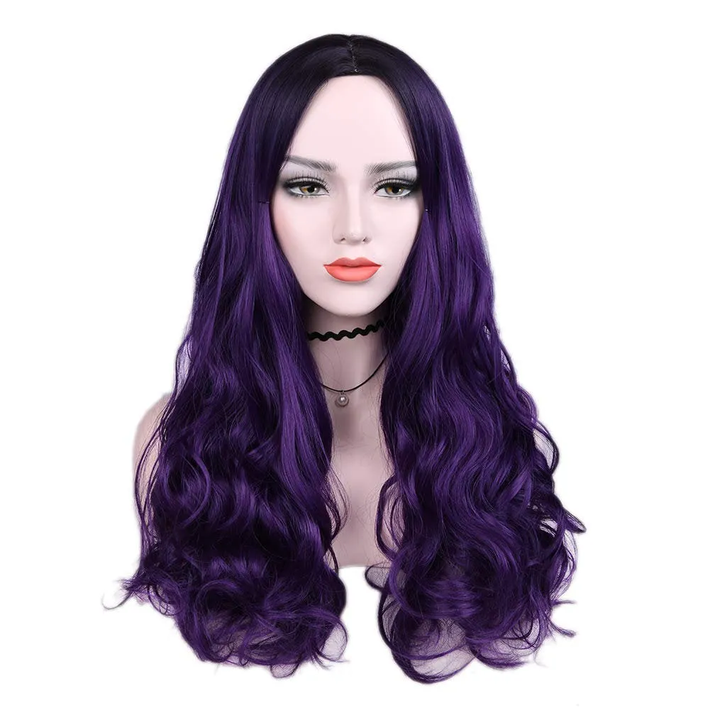 Black to Violet Purple Ombre Middle Parting Long Natural Curly Human Hair Look and Feel Heat Friendly Non Shedding Top Quality Synthetic Wig