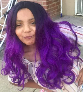 Black to Violet Purple Ombre Middle Parting Long Natural Curly Human Hair Look and Feel Heat Friendly Non Shedding Top Quality Synthetic Wig