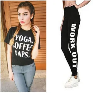 Black Yoga Coffee Nap T-Shirt and Black Work Out Tight For Women
