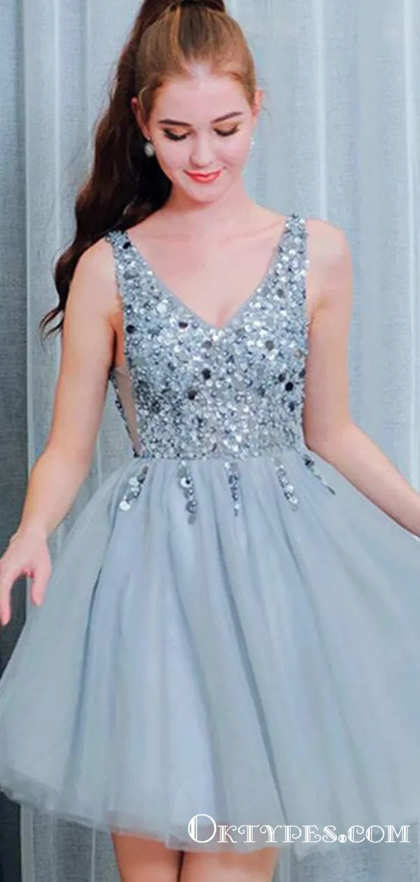 Bling A Line V Neck Light Blue Short Homecoming Dresses With Beading, TYP2030
