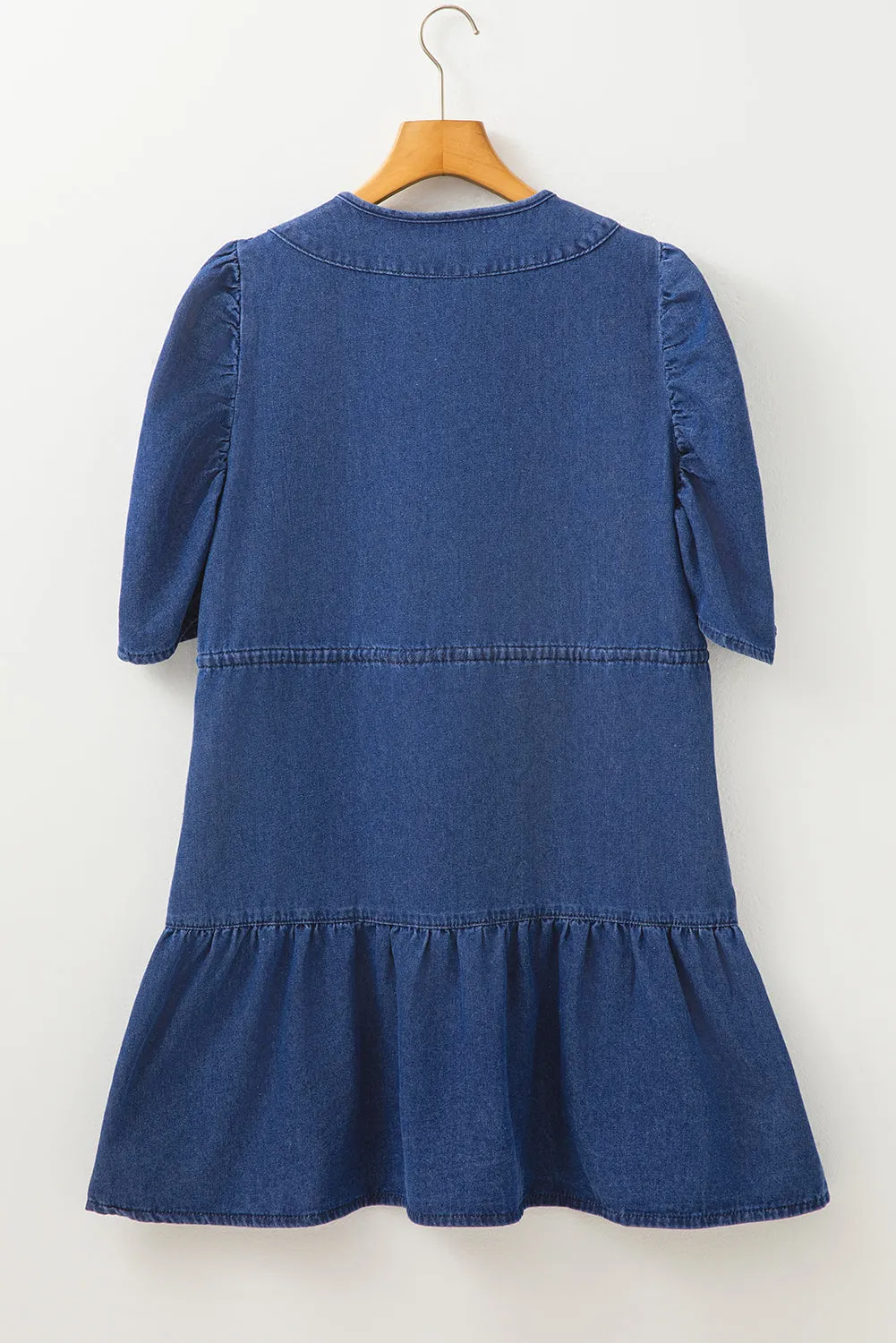 Blue Drawstring High Waist Puff Sleeve Denim Mini Dress