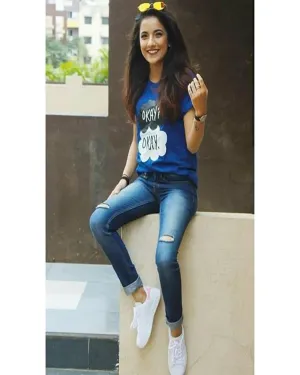 Blue Okay Okay Cotton Printed T-Shirt For Women