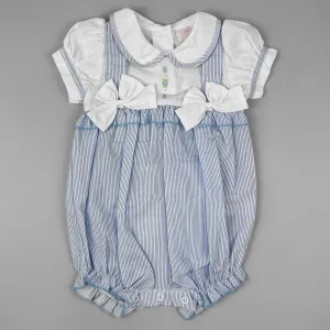 Blue Striped Baby Romper with Peter Pan Collar and Bows