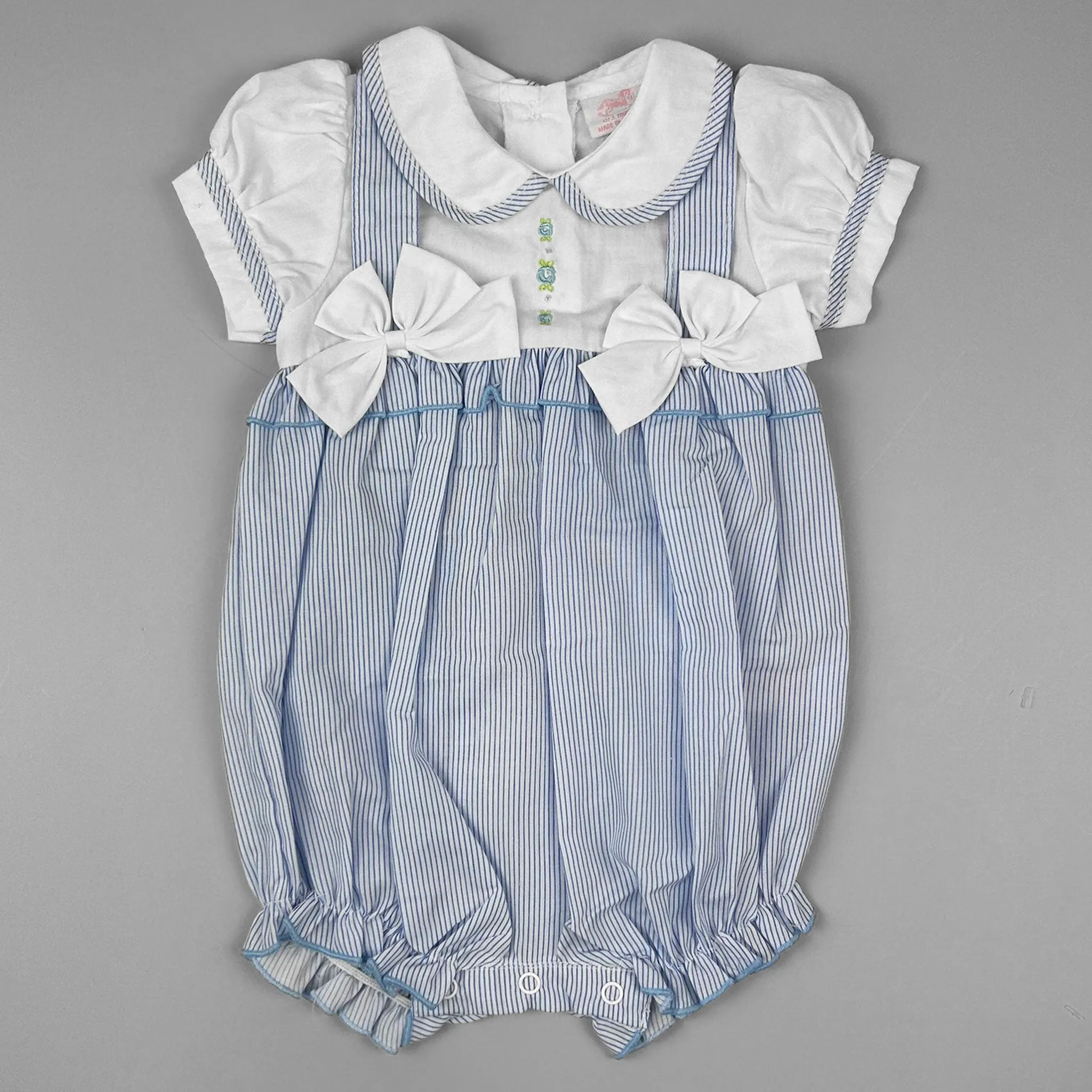 Blue Striped Baby Romper with Peter Pan Collar and Bows