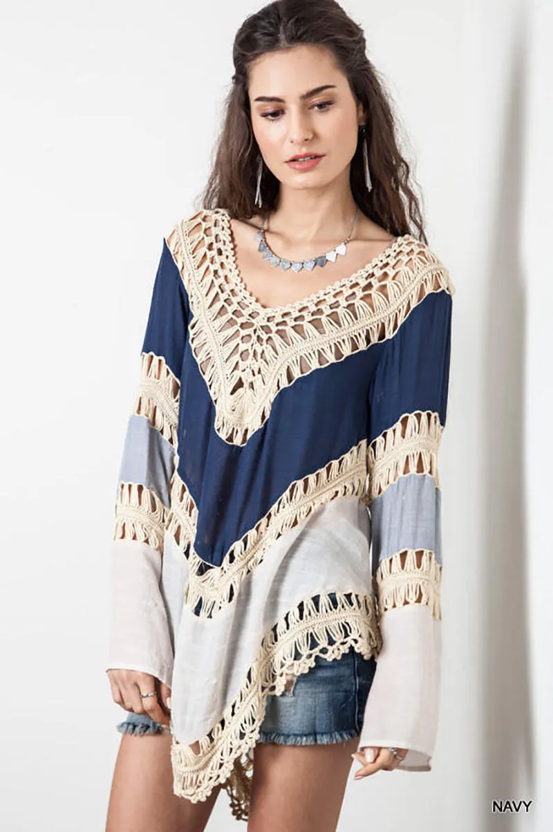 Bohemian Lace crochet t-shirts for women long flare sleeve splice fashion t shirt vintage handmade knitted female t-shirt