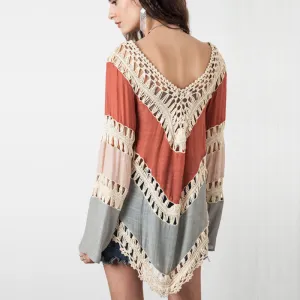 Bohemian Lace crochet t-shirts for women long flare sleeve splice fashion t shirt vintage handmade knitted female t-shirt