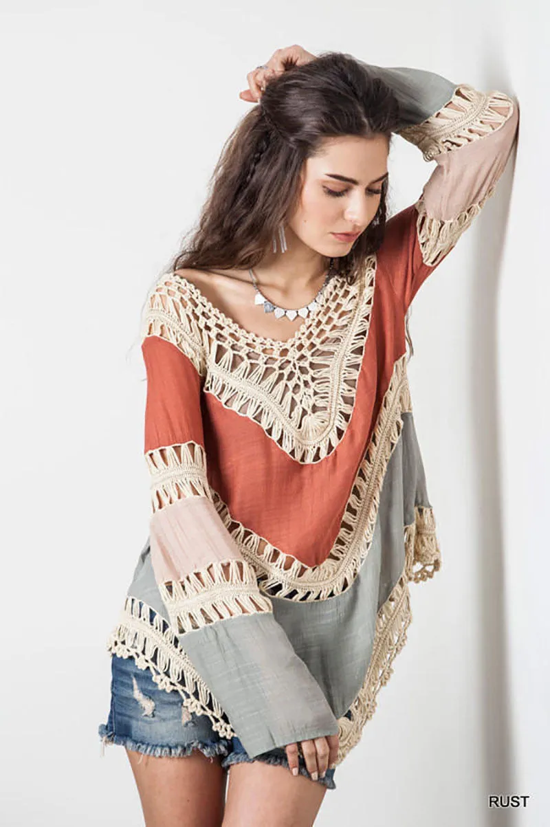 Bohemian Lace crochet t-shirts for women long flare sleeve splice fashion t shirt vintage handmade knitted female t-shirt