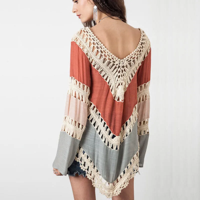Bohemian Lace crochet t-shirts for women long flare sleeve splice fashion t shirt vintage handmade knitted female t-shirt