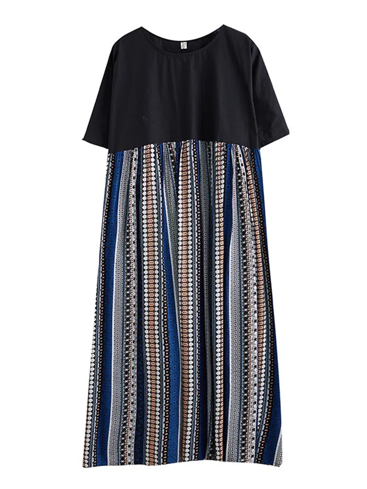 Bohemian Style Contrast Color Stripes Female Round Neck Oversized Dress