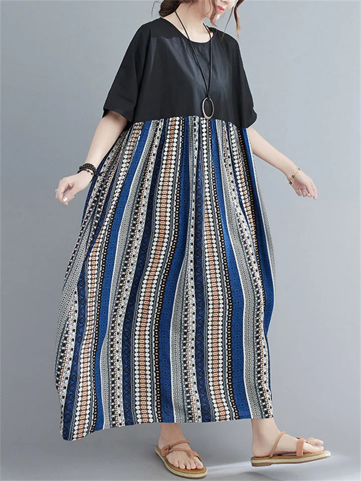Bohemian Style Contrast Color Stripes Female Round Neck Oversized Dress