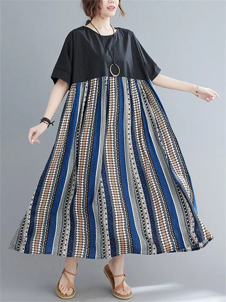 Bohemian Style Contrast Color Stripes Female Round Neck Oversized Dress