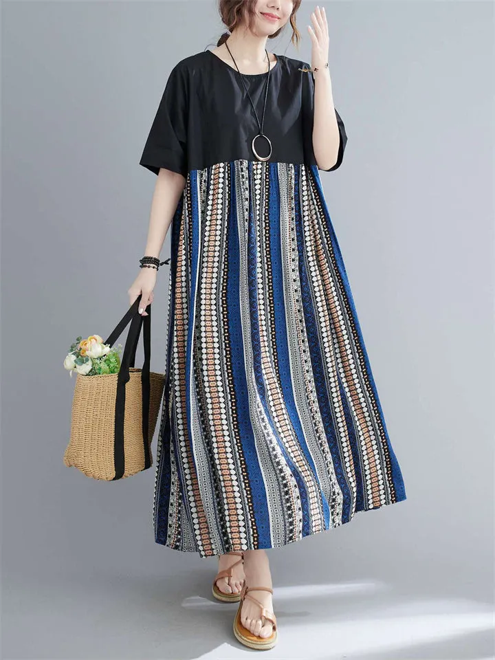 Bohemian Style Contrast Color Stripes Female Round Neck Oversized Dress