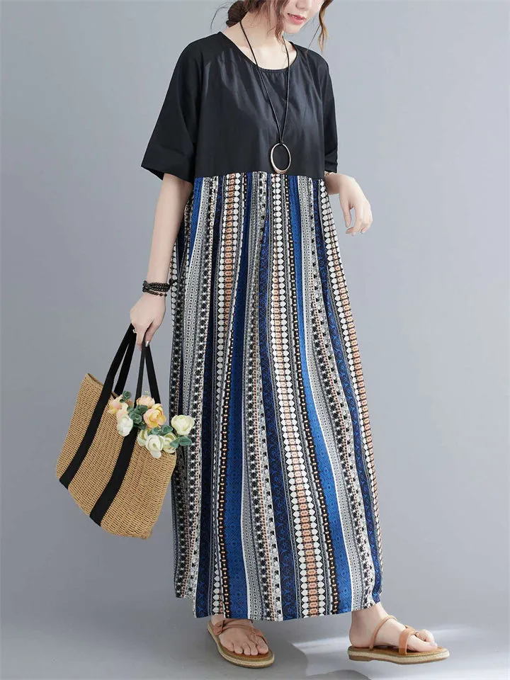 Bohemian Style Contrast Color Stripes Female Round Neck Oversized Dress