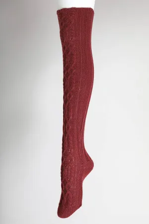 Bold & Cozy Thigh-High Cable Knit Socks for Trendy Winters: Burgundy