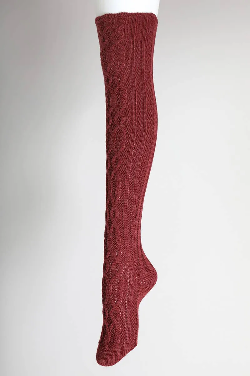 Bold & Cozy Thigh-High Cable Knit Socks for Trendy Winters: Burgundy