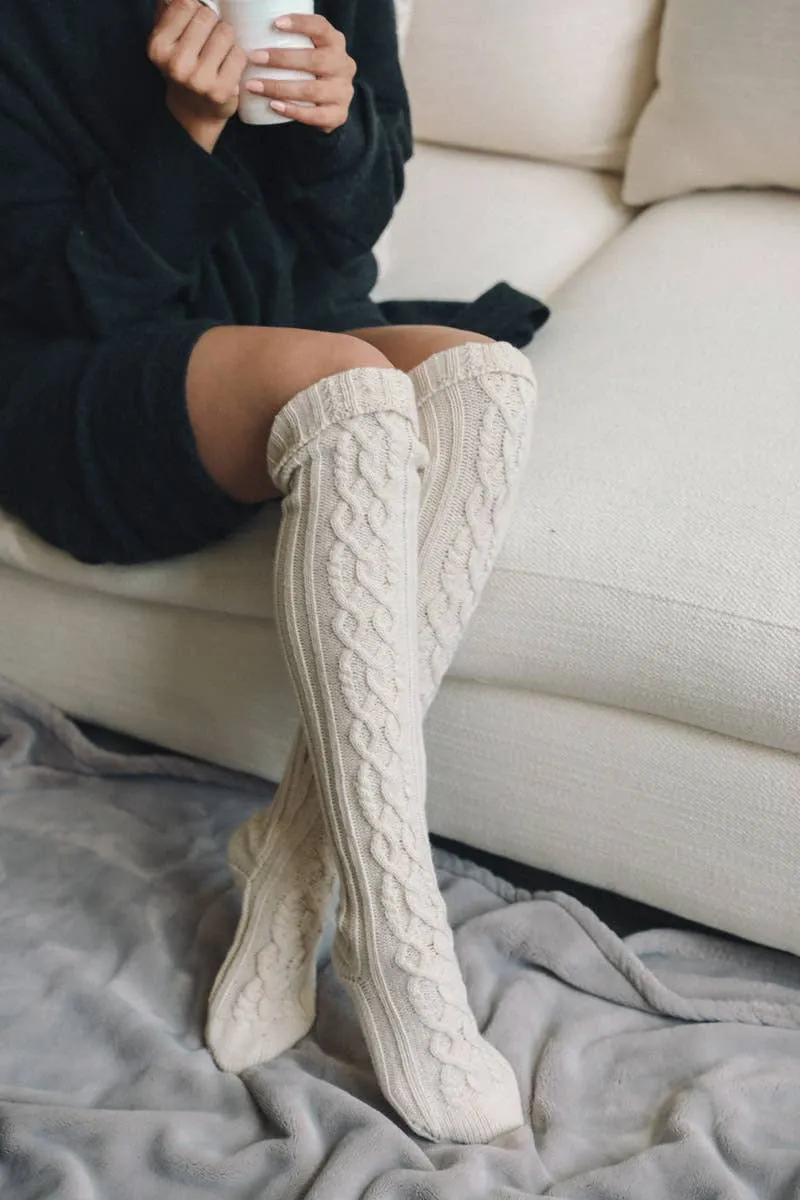 Bold & Cozy Thigh-High Cable Knit Socks for Trendy Winters: Burgundy