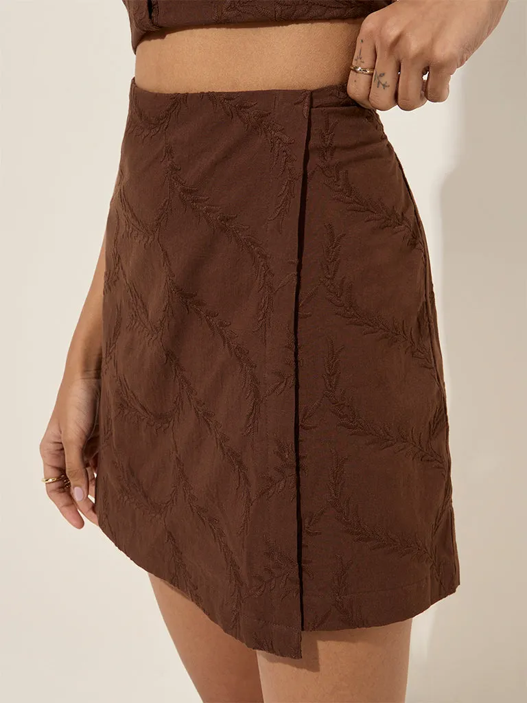 Bombay Paisley Brown Embroidered High-Rise Cotton Skort